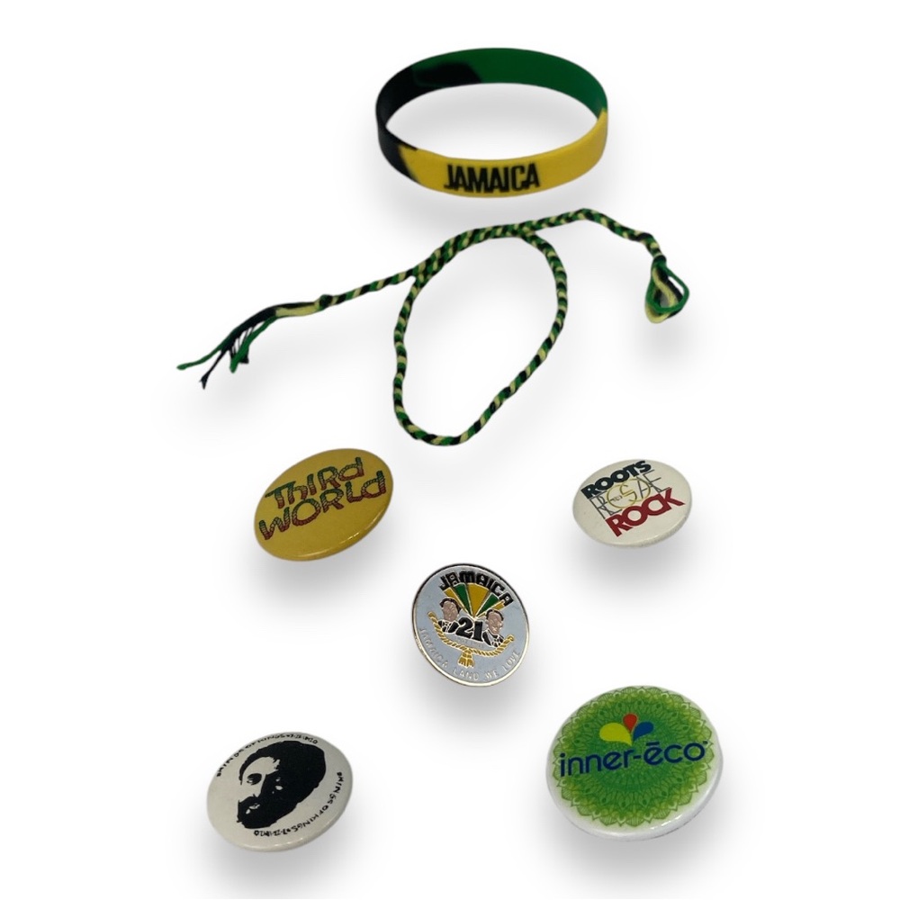 Riddem Driven reggae button pins  Jamaican bracelets Lot of 7